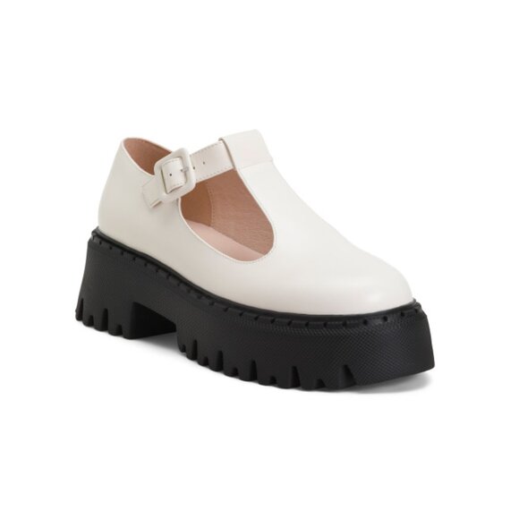 INTENTIONALLY BLANK Cream Leather Pears Cutout Mary Jane Lug Sole Flats